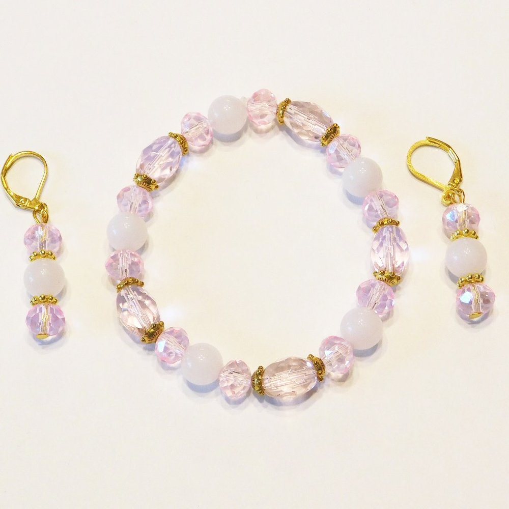 Handmade Pink Glass Beaded Stretch Bracelet & Matching Earrings - 7"